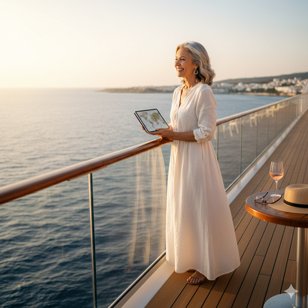 Mujer elegante disfrutando del atardecer en el balcón privado de un crucero, consultando rutas de viaje en una tablet, concepto de retiro activo y vida en el mar."