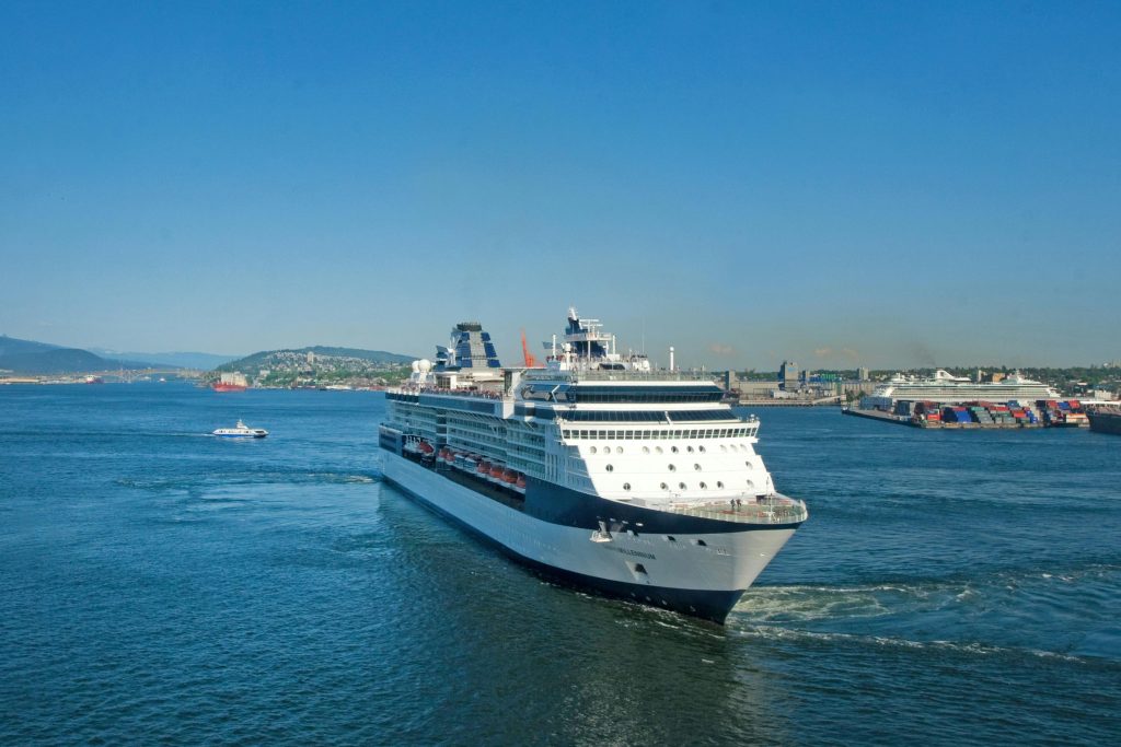 A large cruise ship sailing through calm waters under a clear blue sky, perfect for a relaxing vacation.
