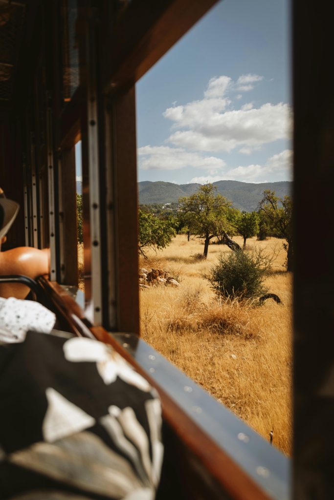 View from a train window of the picturesque golden fields in Mallorca, Spain.