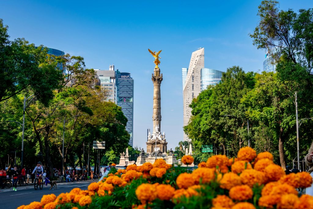 View of the Angel of Independence with vibrant marigolds and cityscape in Mexico City.