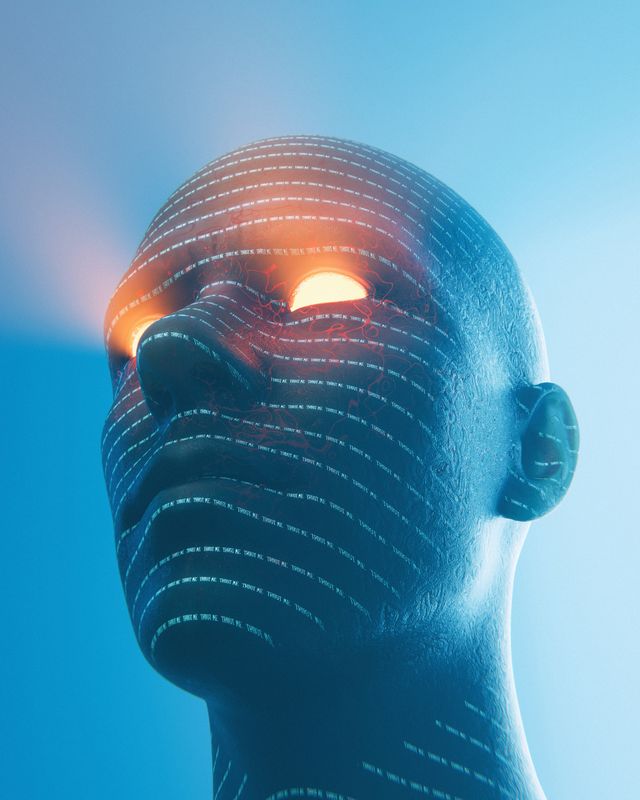 A cyberpunk-inspired AI robot portrait with glowing eyes, showcasing a sci-fi aesthetic and futuristic concepts.